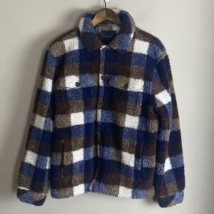 LUCKY BRAND Mens Blue Brown Check Deep Pile Sherpa Lined Jacket Size S Plaid